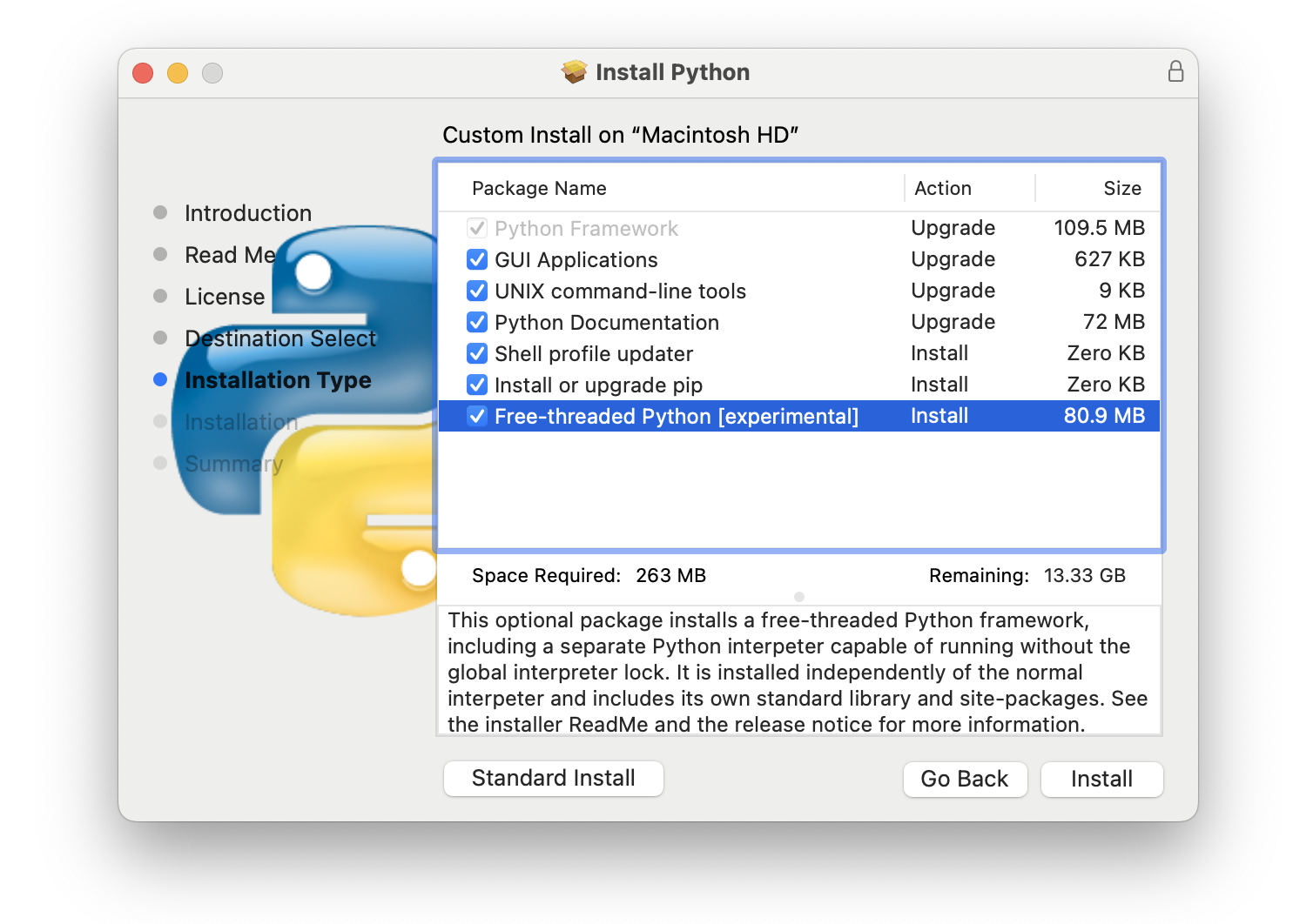 インストール画面 - Free-threaded Python